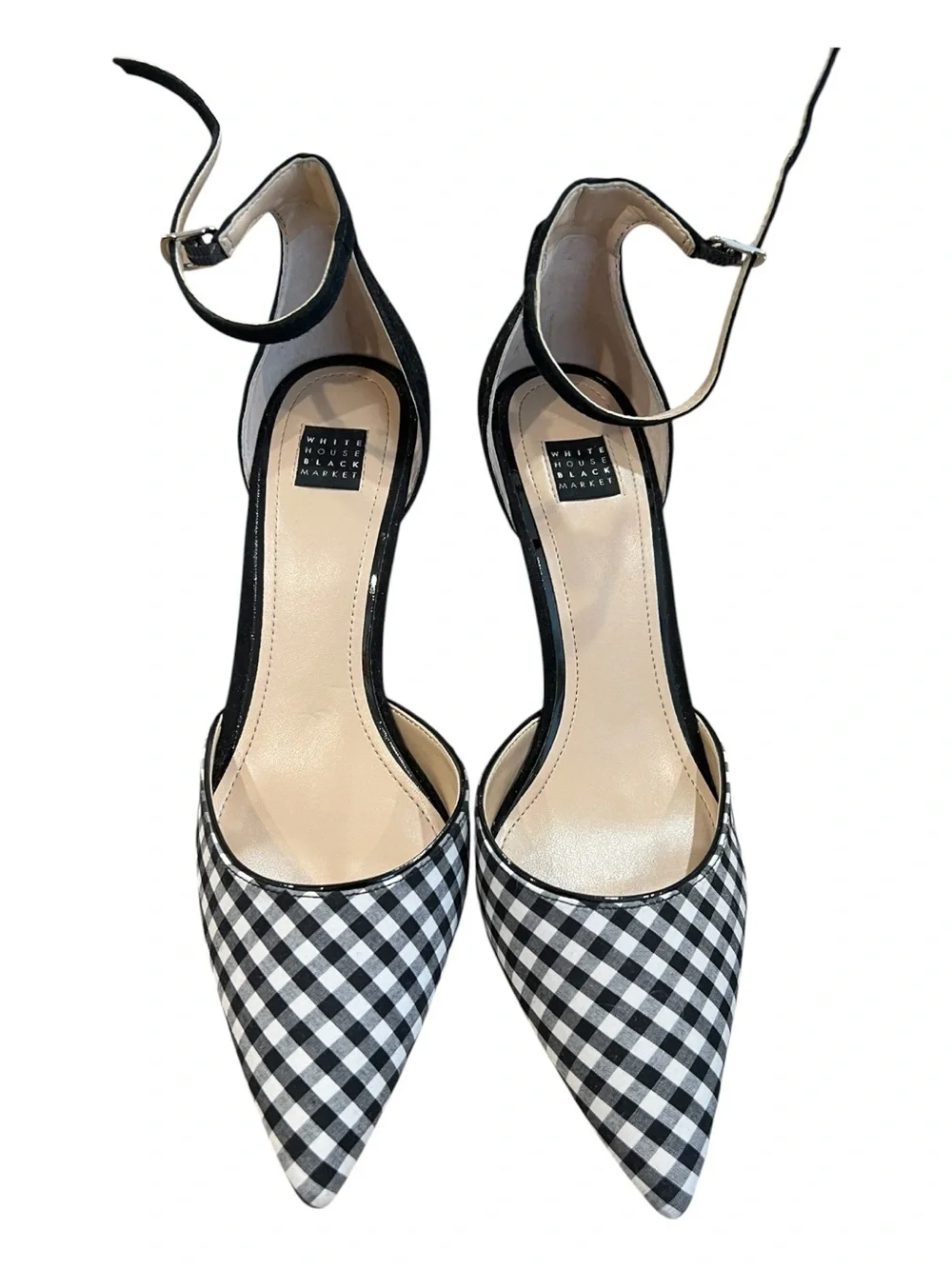 White House Black Market Gianna Gingham Ankle Strap Pumps 8.5 Black White